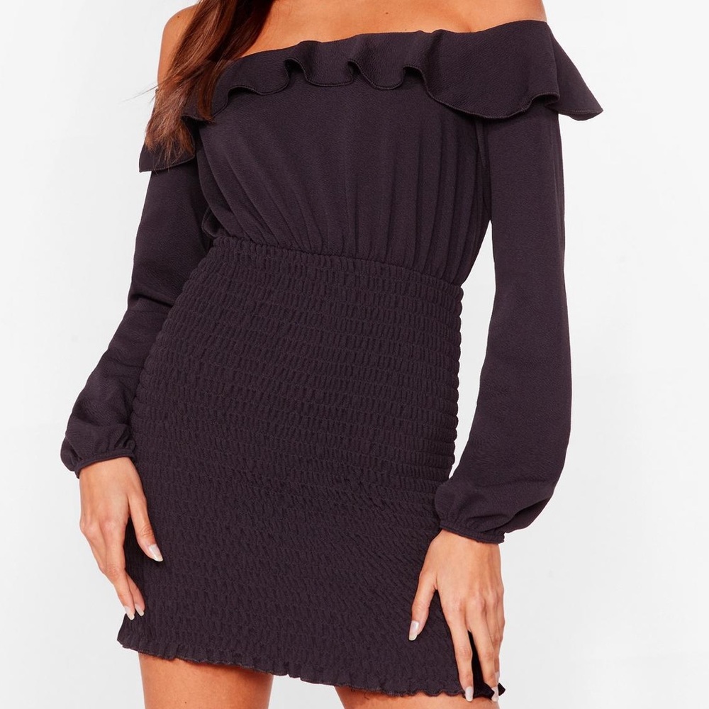 Black Off the Shoulder Shirred Mini Dress